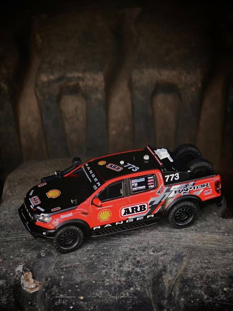 ELŐRENDELÉS - MK Miniatures - Ford Ranger Raptor 2024 - Baja Racing Version 773# Racing Livery, Red/Black