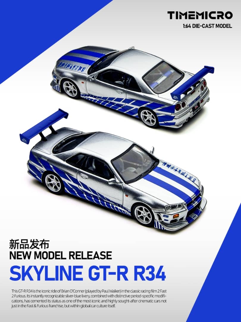 ELŐRENDELÉS - TimeMirco - Nissan Skyline GT-R R34 V-SPEC-II F2NF2, Silver-Blue