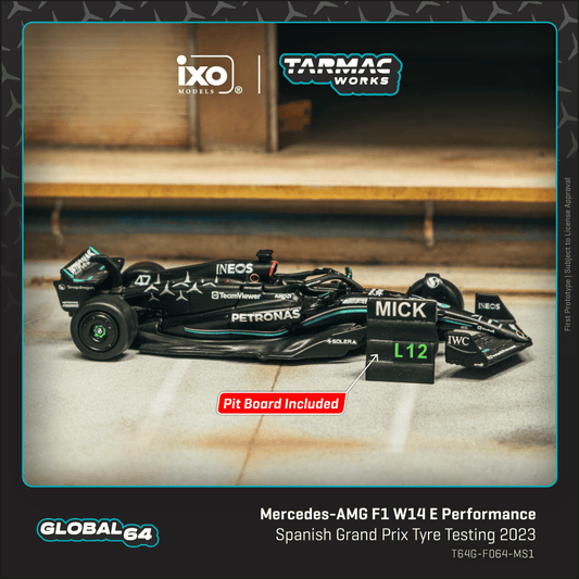 ELŐRENDELÉS - #TC-T64G-F064-MS1 - Mercedes-Benz AMG F1 W14 E Performance - Mick Schumacher Spanish Grand Prix - Tyre testing with pit board, Black