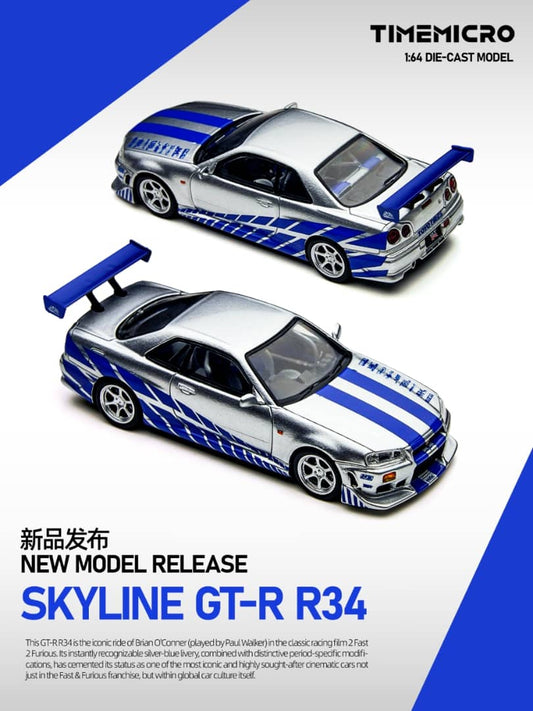ELŐRENDELÉS - TimeMirco - Nissan Skyline GT-R R34 V-SPEC-II F2NF2, Silver-Blue